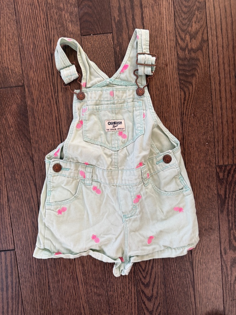OshKosh B'gosh Light Mint Shortall Romper with Pink Pineapple Embroidery